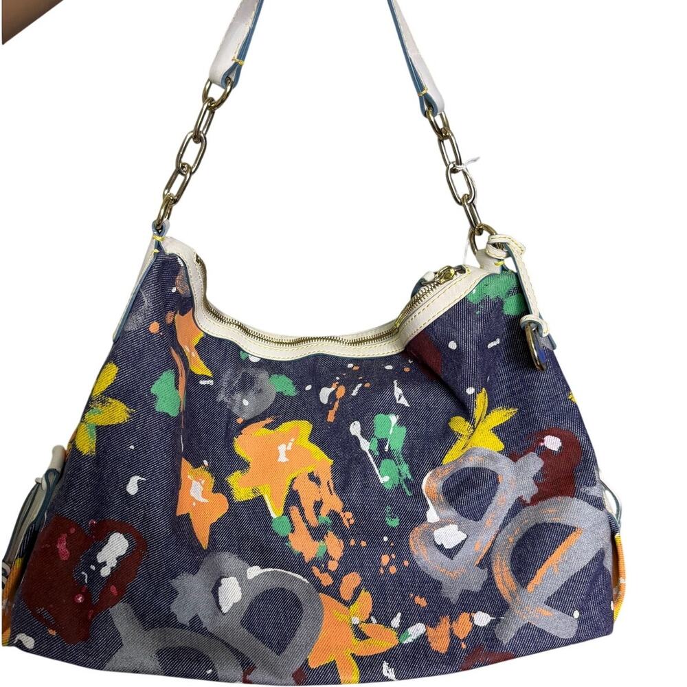 Vintage Y2K Dooney and Bourke Denim Splatter Paint Graffiti Shoulder Bag